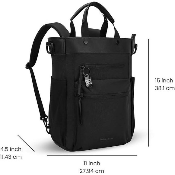 Sherpani Tote Backpack Convertible Black Nylon Leather Trim Versatile - Picture 8 of 14